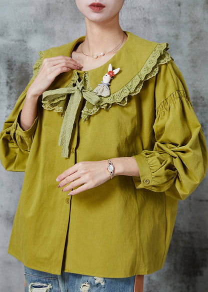 Green Peter Pan Collar Patchwork Lace Cotton Shirt Spring