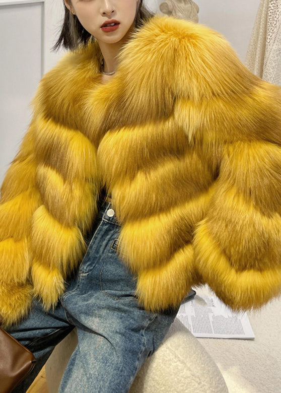 Yellow O-neck Zippered Leather and Fur Coat Winter