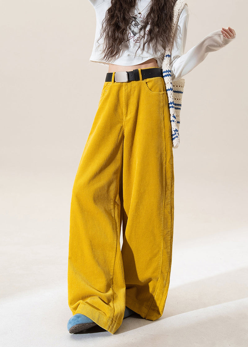 Yellow High Waist Pockets Corduroy Straight Pants Winter
