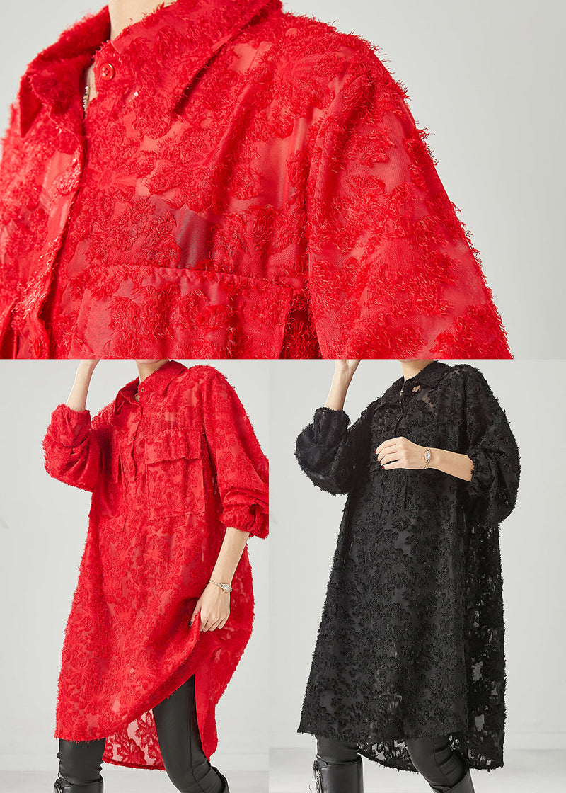 Black Tasseled Pockets Cotton Shirt Dress Spring