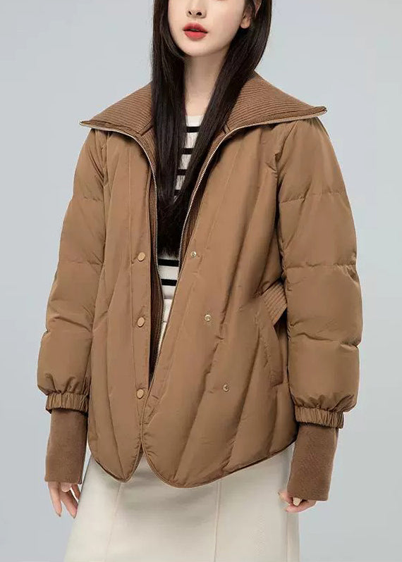 New Khaki Stand Collar Tie Waist Patchwork Duck Down Down Coat Winter