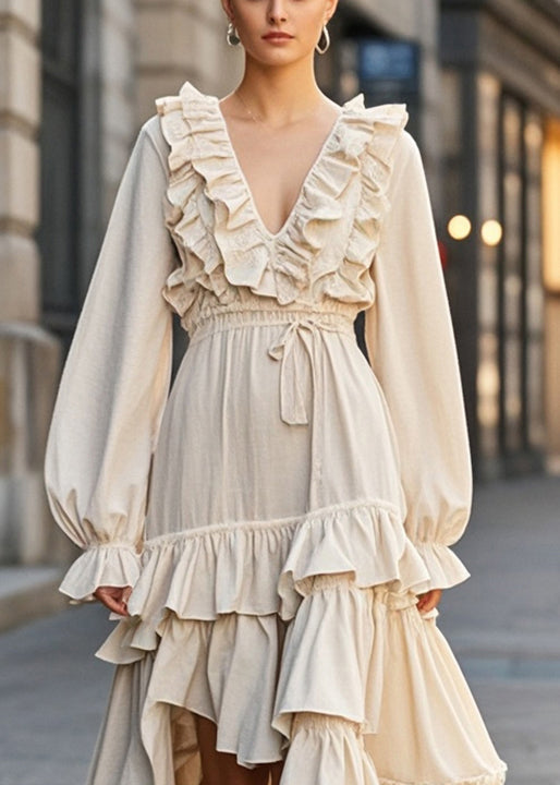 Apricot Ruffled Asymmetrical Design Cotton Cinched Dress Fall