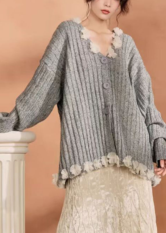 Grey Button Tulle Patchwork Cotton Knit Cardigan Winter