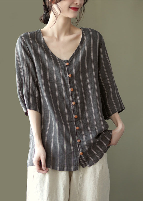 Grey V Neck Striped Button Linen Shirts Half Sleeve