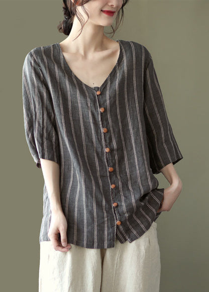 Grey V Neck Striped Button Linen Shirts Half Sleeve
