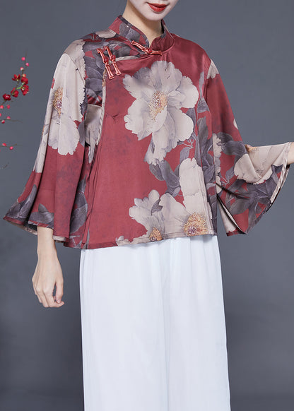 Brick Red Stand Collar Print Chinese Button Silk Shirt Flare Sleeve