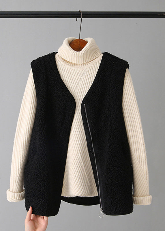 Coffee V Neck Zippered Faux Fur Waistcoat Fall