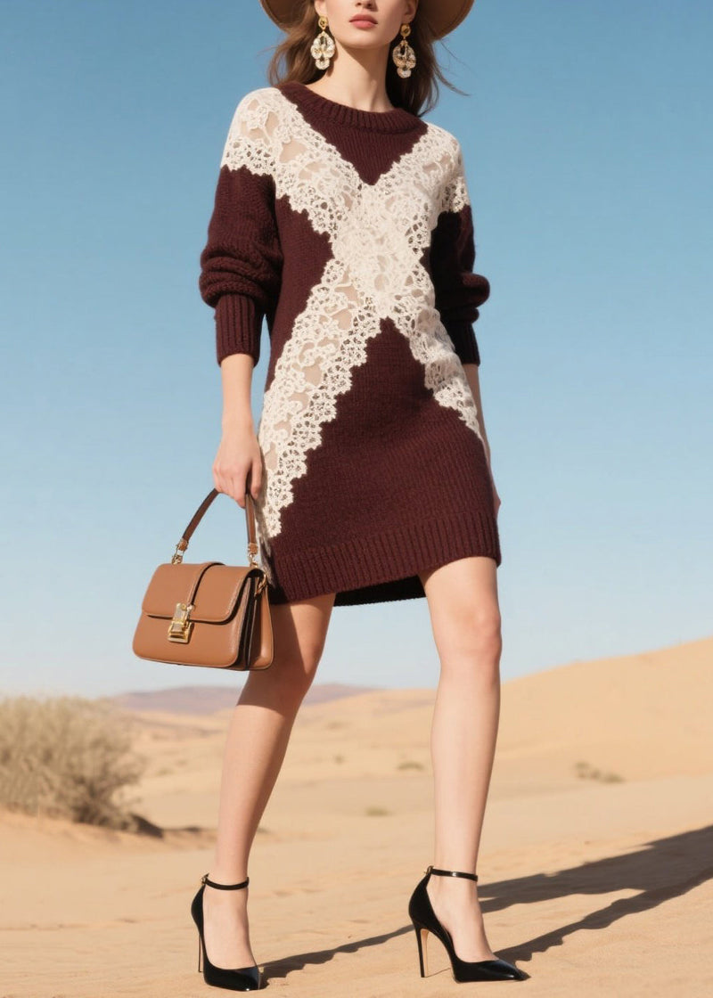 Mulberry Hollow Out Patchwork Lace Sweater Dress Winter