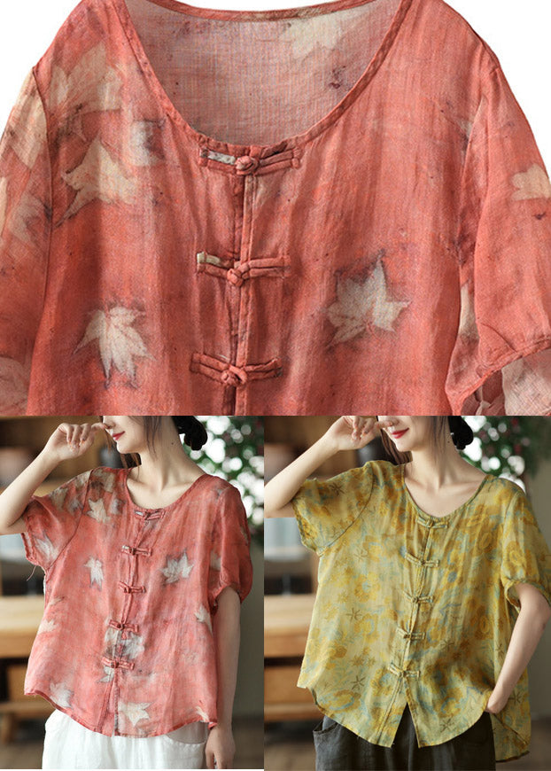 Yellow O-neck Button Linen Short Sleeve