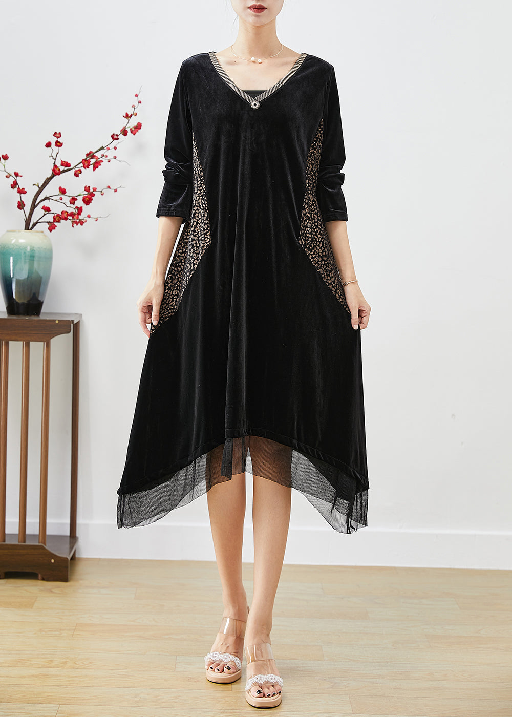 Black Oversized Patchwork Silk Velour Maxi Dresses Fall