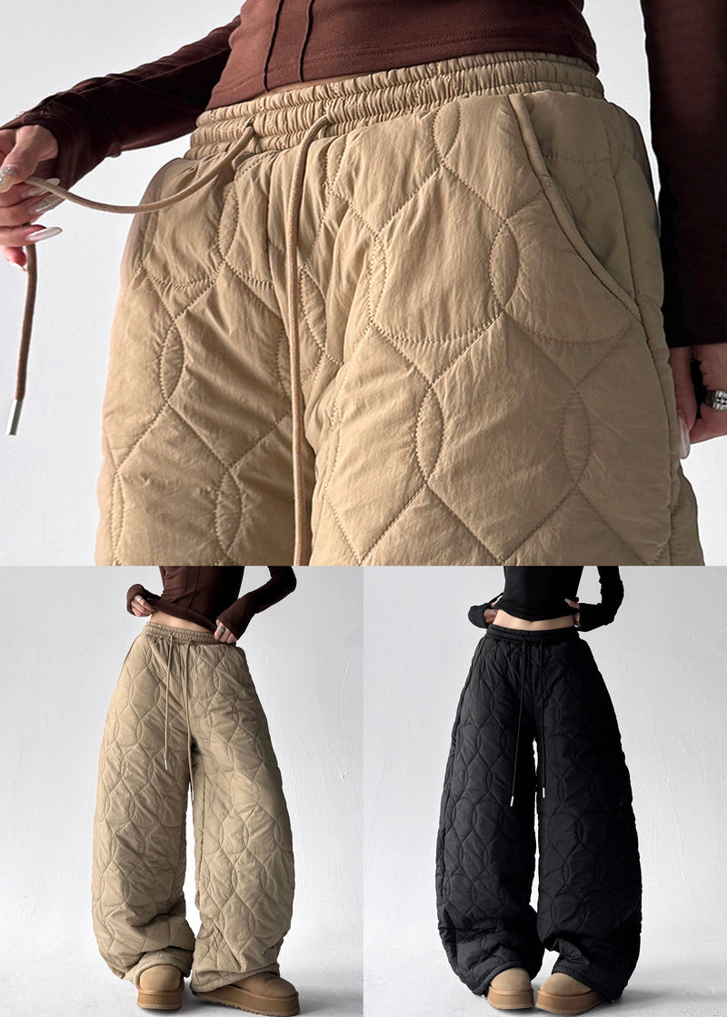Modern Black Pockets Elastic Waist Cotton Filled Pants Winter
