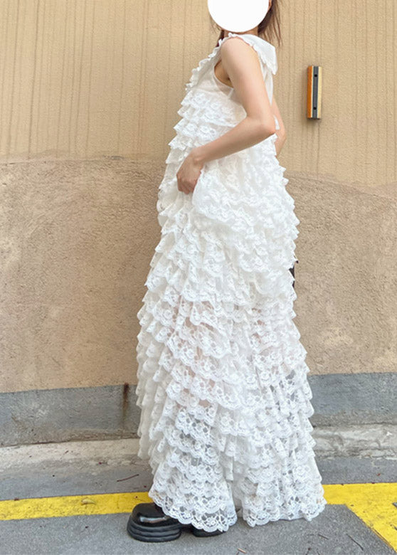 White O-neck Bow Lace Layered Long Dress Spring