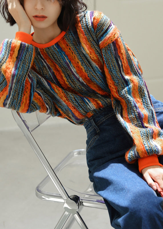 Striped O Neck Patchwork Knitted Cotton Thread Tops Long Sleeve