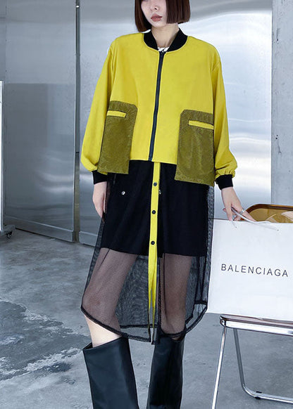 Black Zippered Pockets Tulle Patchwork Fall Long Sleeve Trench Coat