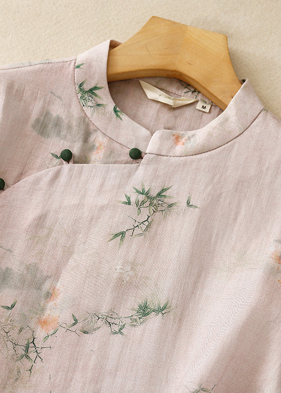 Versatile Pink Stand Collar Print Cotton Shirts Summer