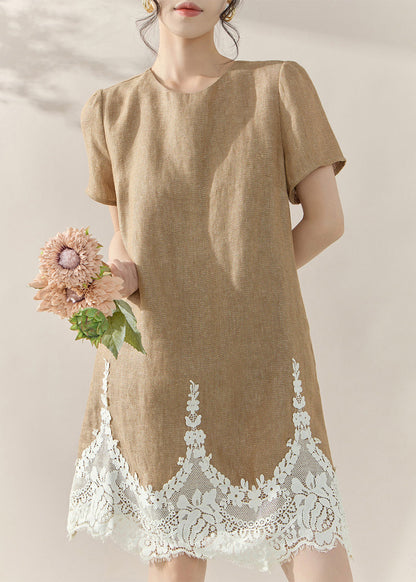 Classy Khaki O-neck Lace Patchwork Mid Dresses Summer