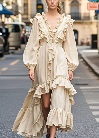 Champagne Color Ruffled Side Open Party Dress Fall