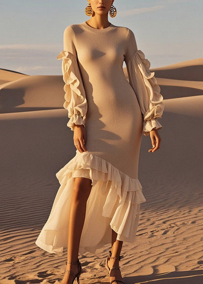 French Ruffled Patchwork Asymmetrical Design Knit Sweater Dress Spring