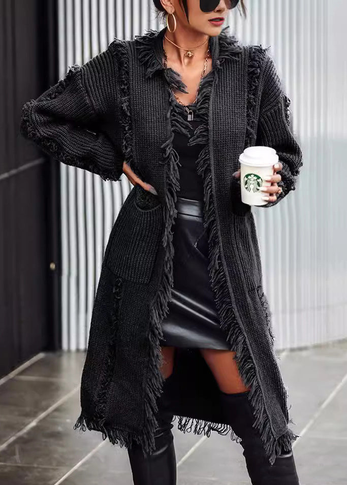 Khaki Pockets Tassel Long Knit Cardigan Spring