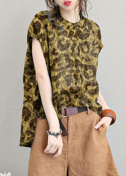 Unique O Neck Linen Tops Blouses Low High Design Clothing Green Polka Dots Shirt