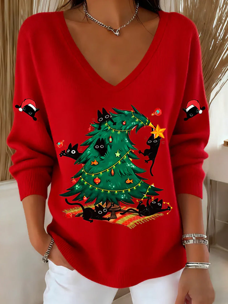 Comstylish Women's Christmas Funny Cat Printed Tops