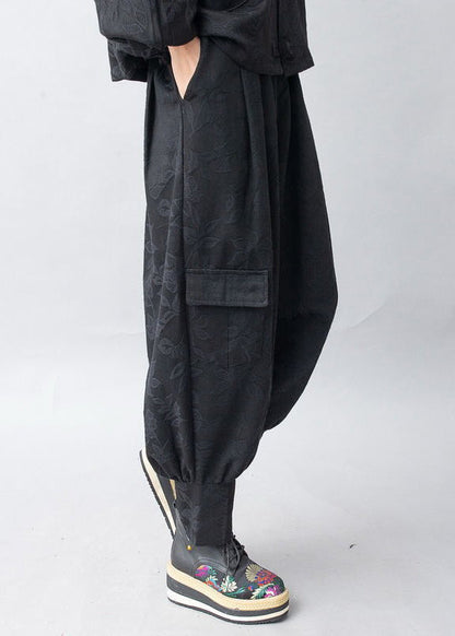 Jacquard Black Hooded Coats and Pants Two Pieces Set Fall