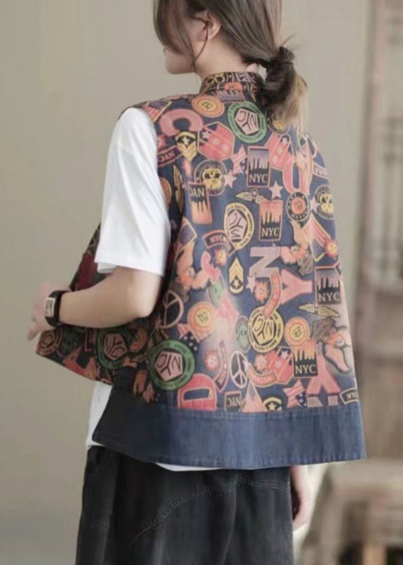 Retro Colour Stand Collar Print Button Low High Design Waistcoat Sleeveless