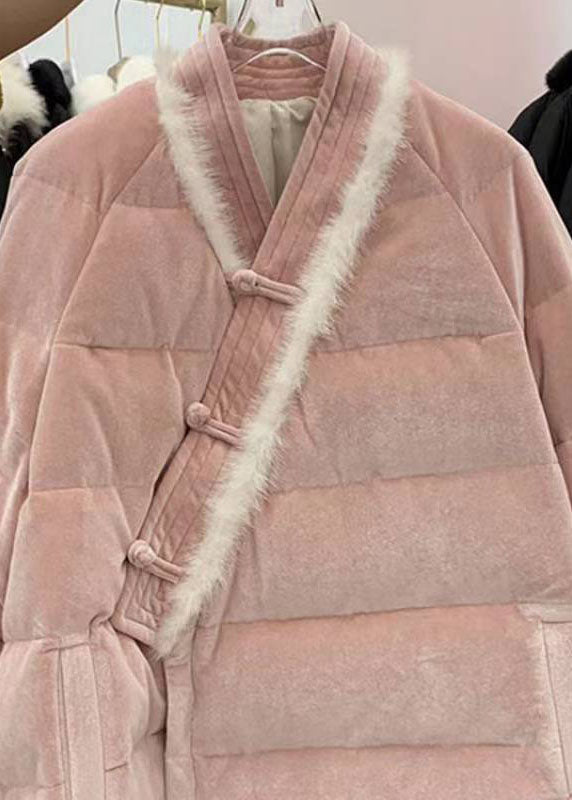 Pink Chinese Button Patchwork Fine Cotton Filled Winter Coats