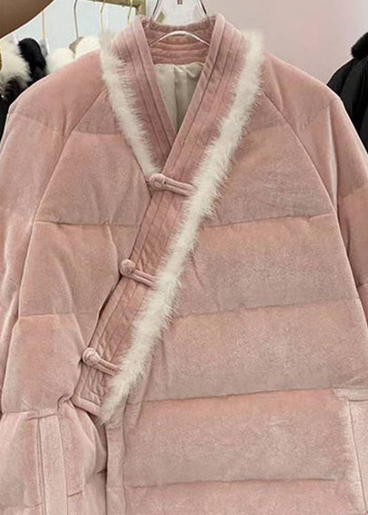 Pink Chinese Button Patchwork Fine Cotton Filled Winter Coats