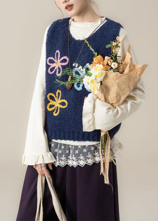 Navy Cozy Knit Vest Tops O Neck Spring