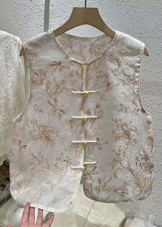 New O Neck Embroidered Button Tulle Waistcoat Sleeveless
