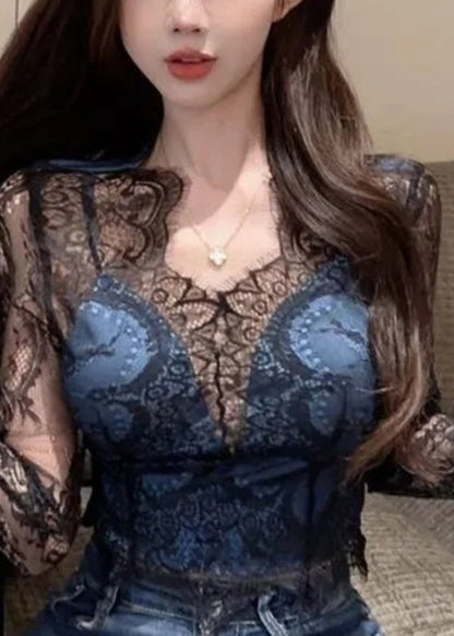 Black V Neck Hollow Out Lace Shirt Spring