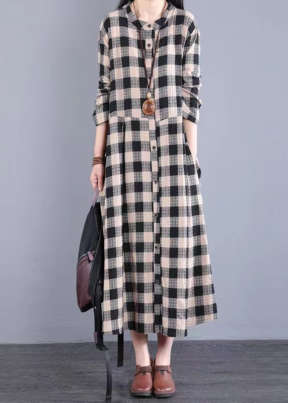 Black Plaid Stand Collar Patchwork Cotton Long Dresses Fall