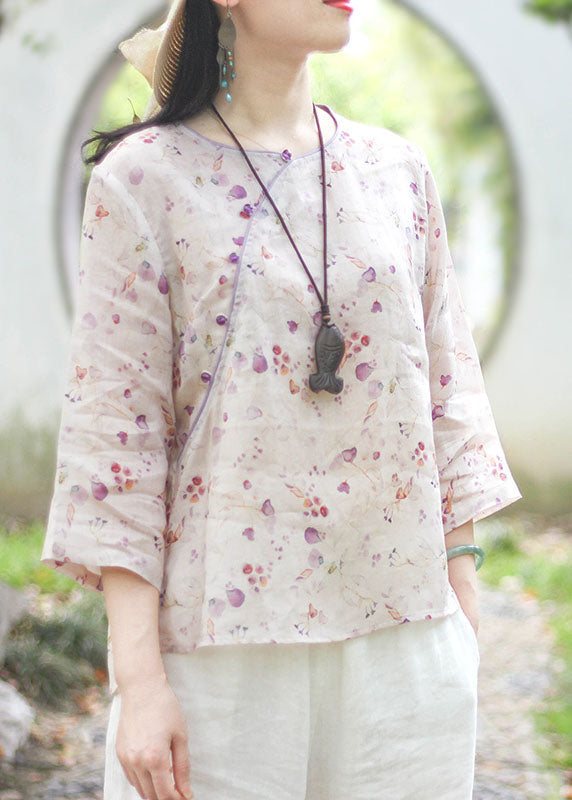 Light Purple O-neck Button Print Linen Blouse Top Spring