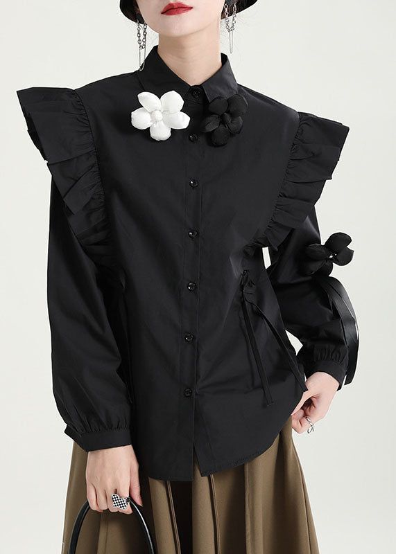 Boutique Black Butterfly Sleeve Button Peter Pan Collar Shirt