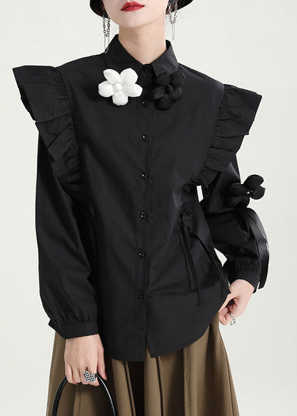 Boutique Black Butterfly Sleeve Button Peter Pan Collar Shirt