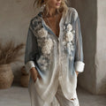 Comstylish Women's Vintage White Rose Embroidery Casual Shirt
