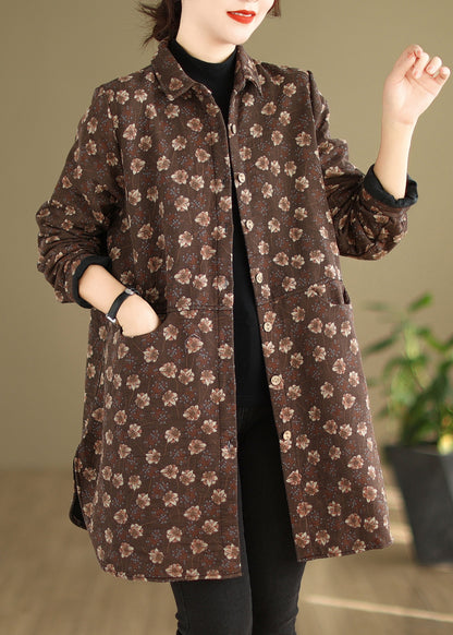 Purple Peter Pan Collar Pockets Print Warm Fleece Coat Winter