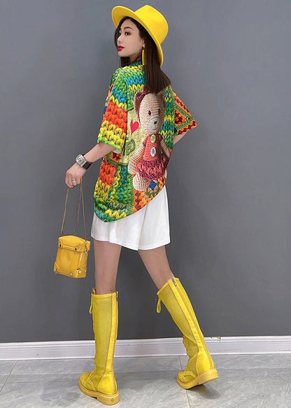 Modern Colorblock Multi O-neck Bear Print Cotton Tanks Tops Short Sleeve