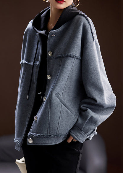 Grey O Neck Button Patchwork Cotton Coat Spring