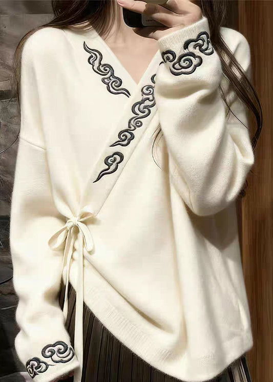 White V Neck Embroidered Lace Up Knit Sweaters Fall
