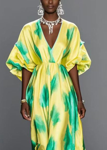 Handmade Yellow V Neck Print Silk Holiday Dress Batwing Sleeve Summer