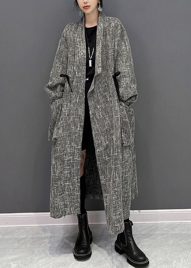 Grey Notched Plaid Button Trench Coats Fall