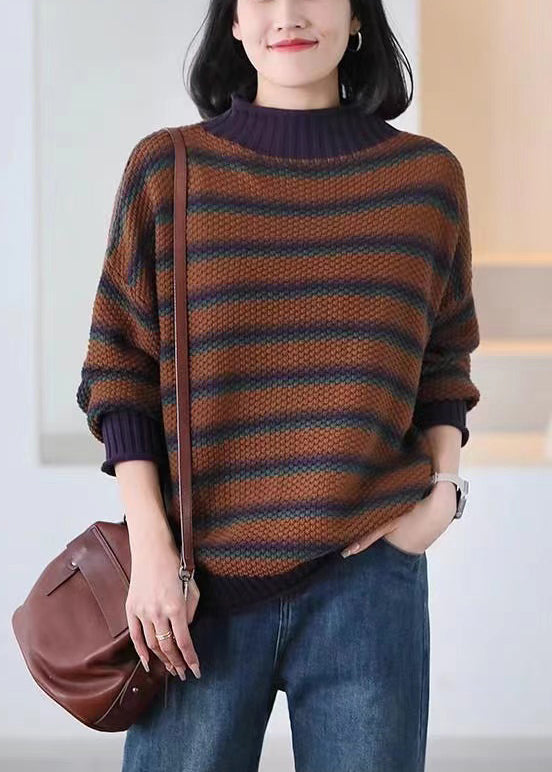Brown Oversized Striped Knitted Tops Spring