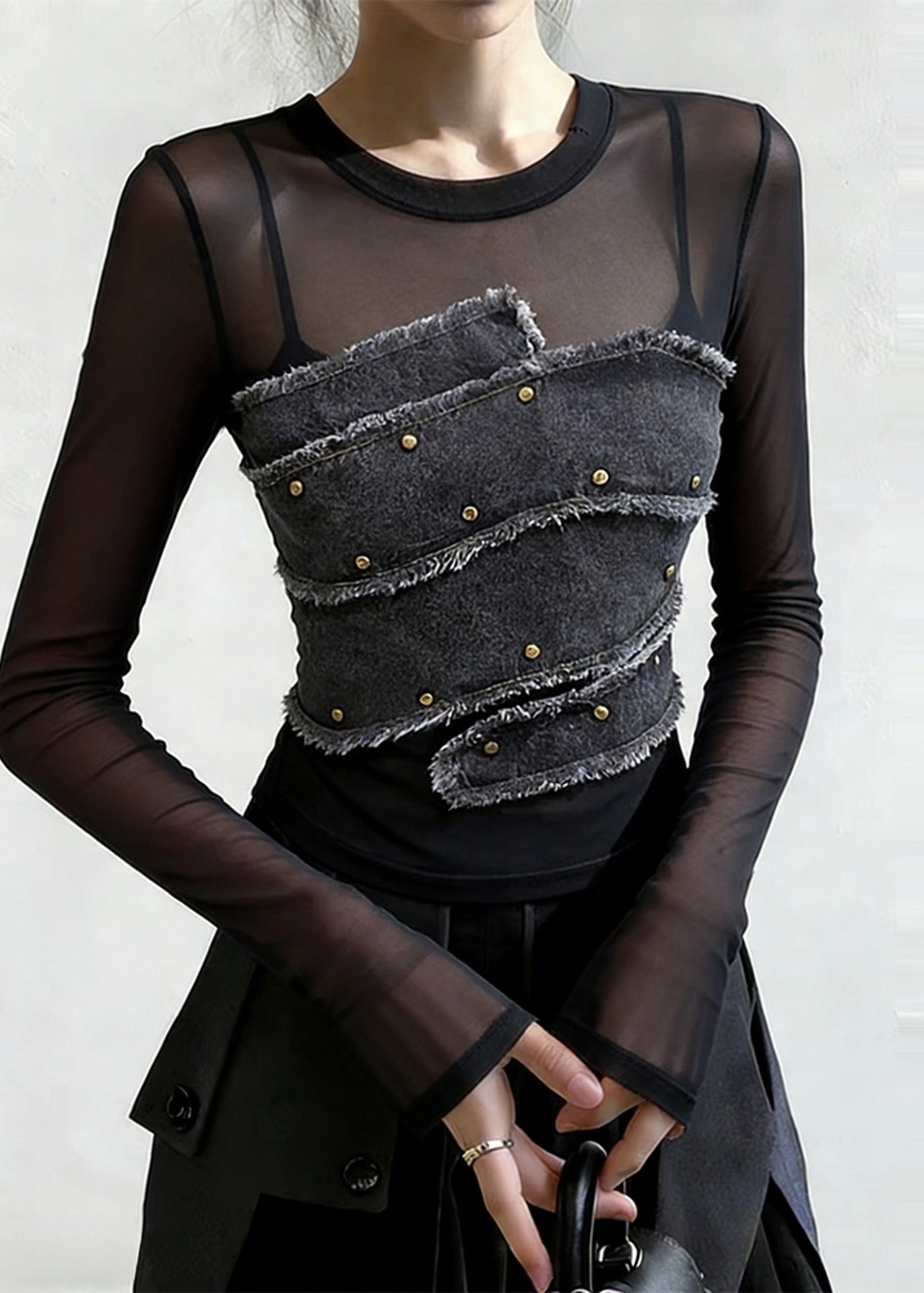 Stylish Black Rivet Denim Patchwork Tulle Shirt Spring