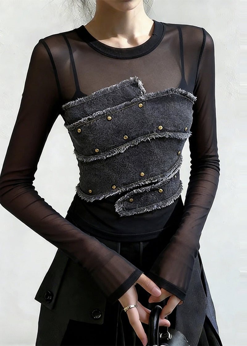 Stylish Black Rivet Denim Patchwork Tulle Shirt Spring