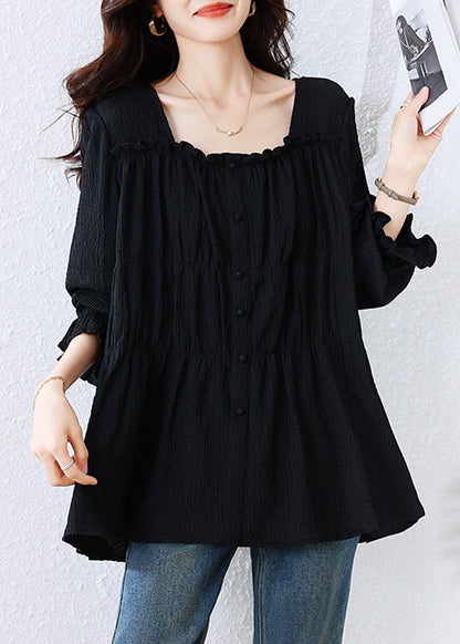 Black Square Collar Wrinkled Cotton Shirt Top Fall