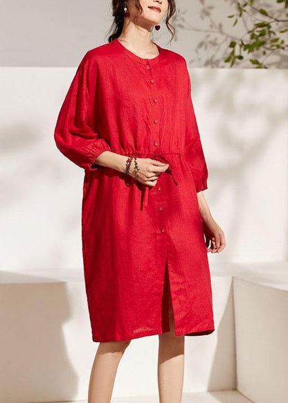 Unique Red Lantern Sleeve Tie Waist Button Summer Ramie Vacation Dresses Half Sleeve