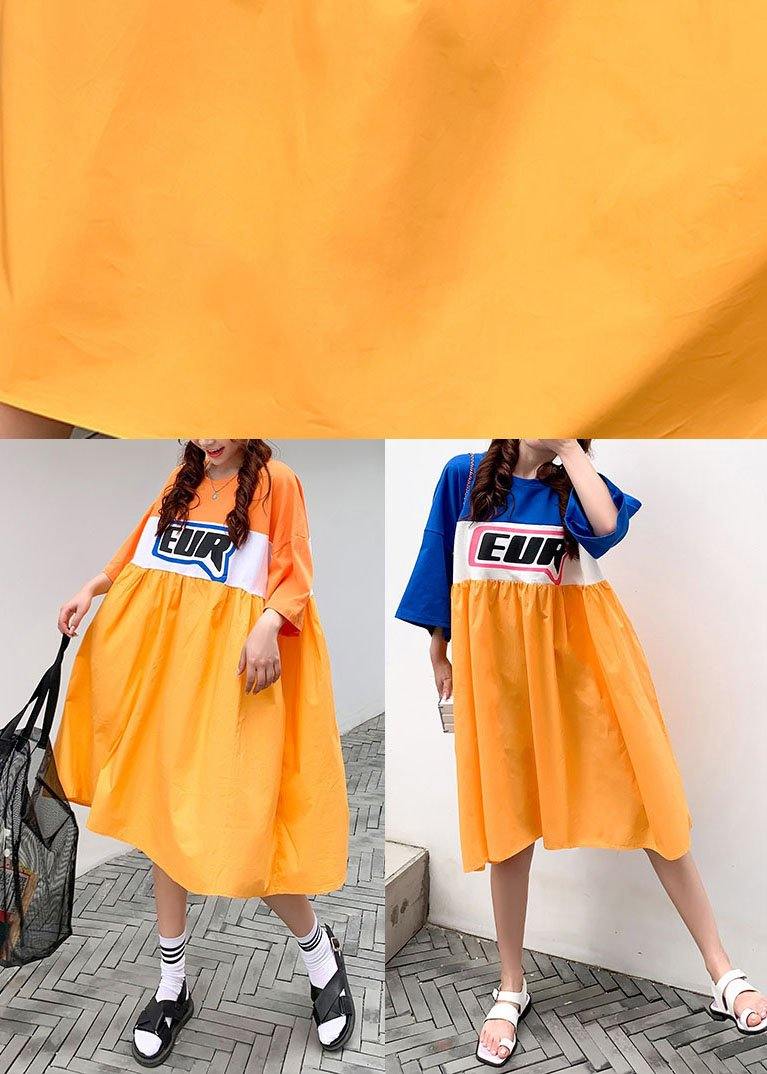Orange White Patchwork Yellow O-neck Summer Graphic Half Sleeve Long Dresses