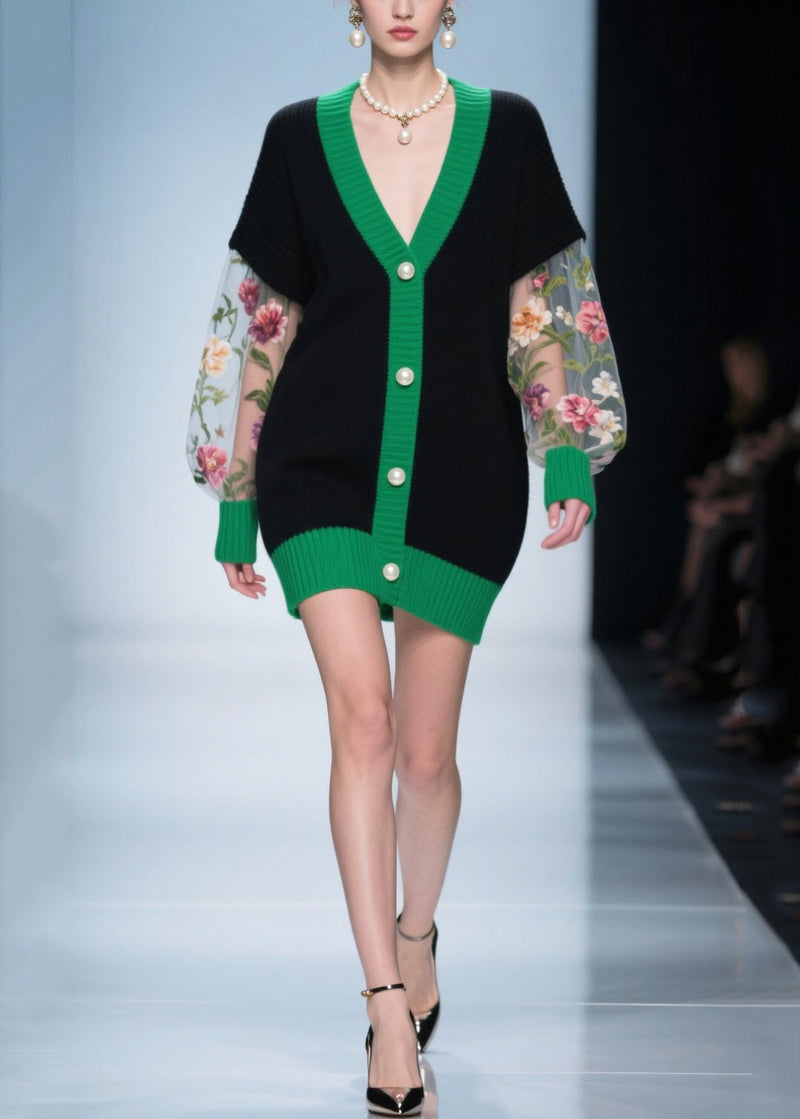 Black Print Patchwork Tulle Knitwear Dress Fall